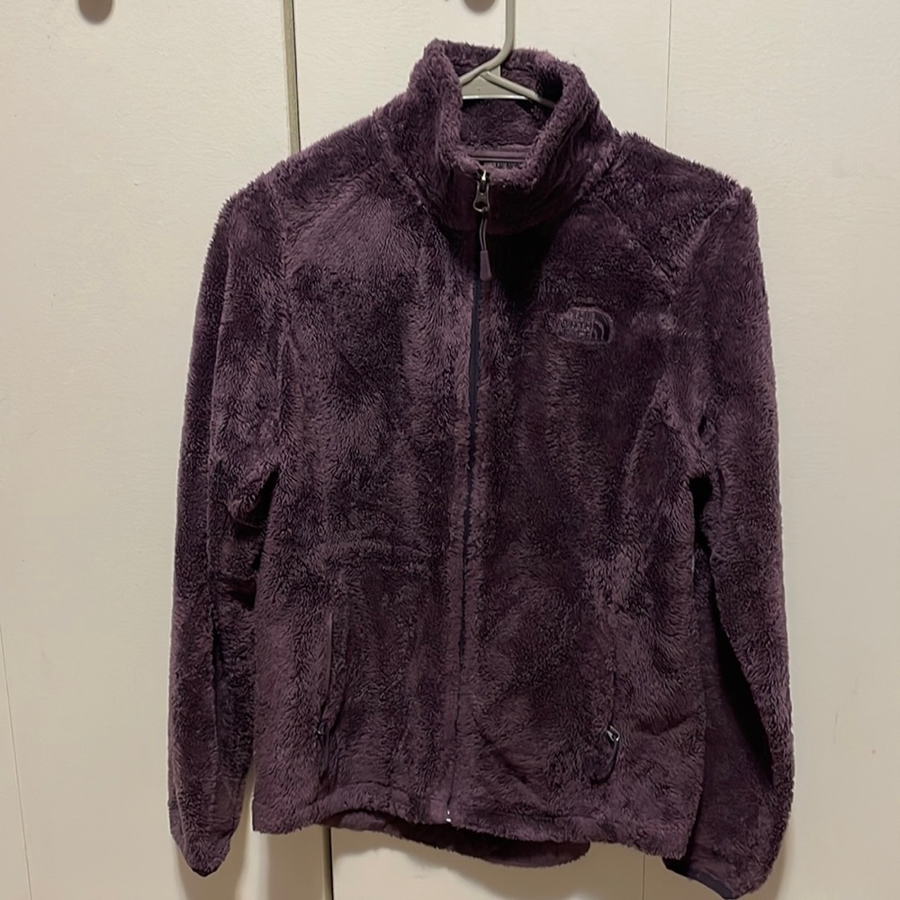 Purple, fuzzy North Face full zip jacket.  Size small